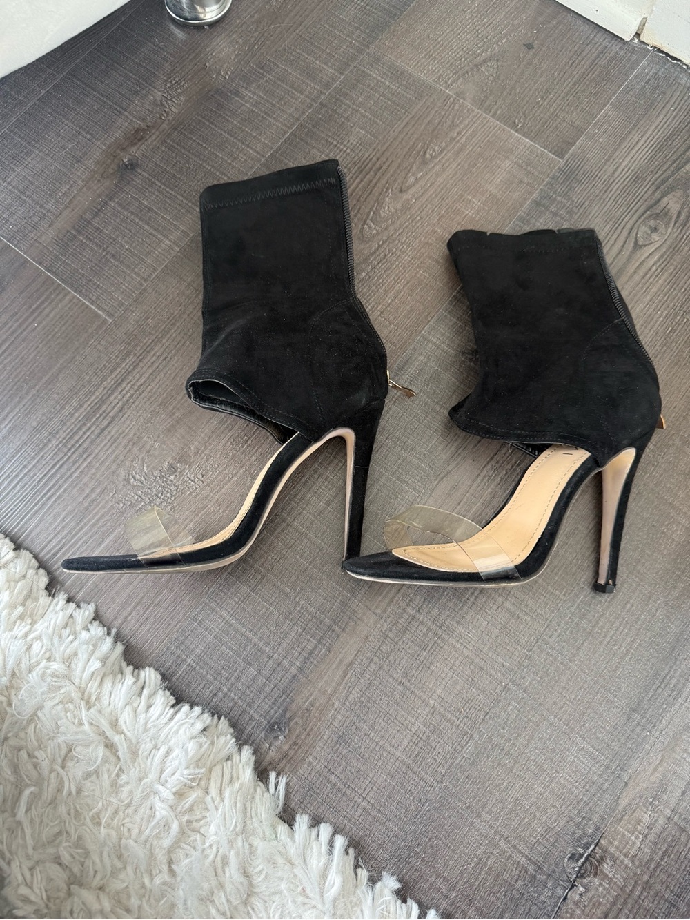 Black Suede Ankle Bootie Sandals with Clear Strap